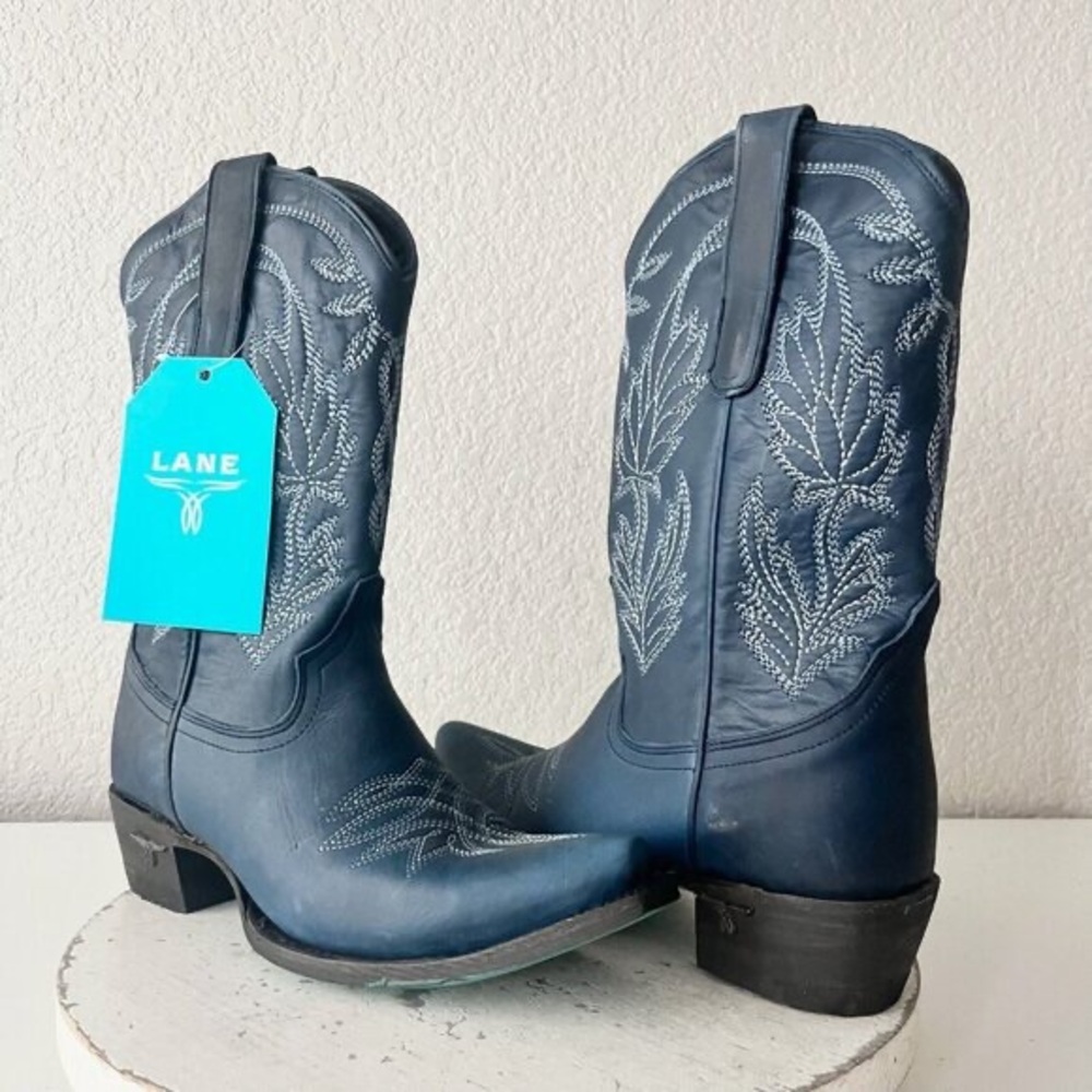 Lane SANDAGA Midi Womens Cowboy Boots 7.5 Cowgirl Western Blue Leather Short